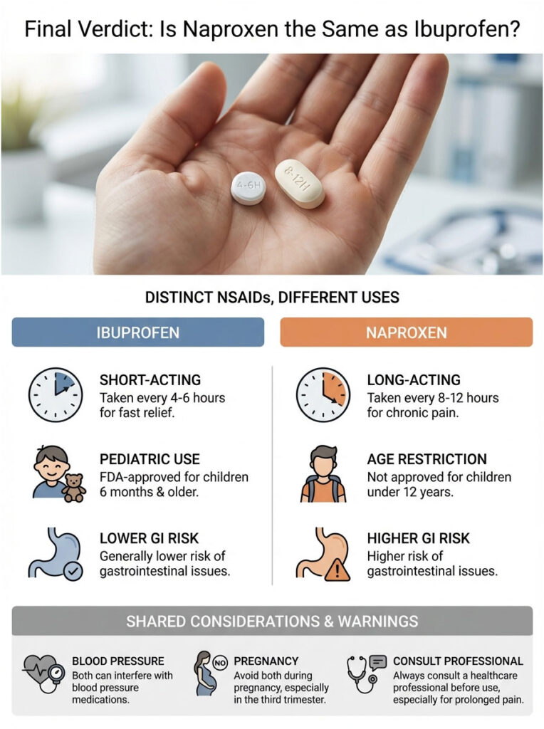 Two pills in hand labeled Ibuprofen and Naproxen, comparing their uses and risks in an infographic format.
