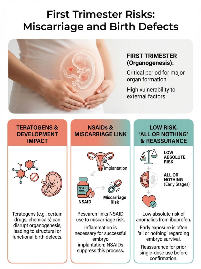 Infographic on first trimester risks, detailing miscarriage, birth defects, and NSAID effects with illustrations and text.