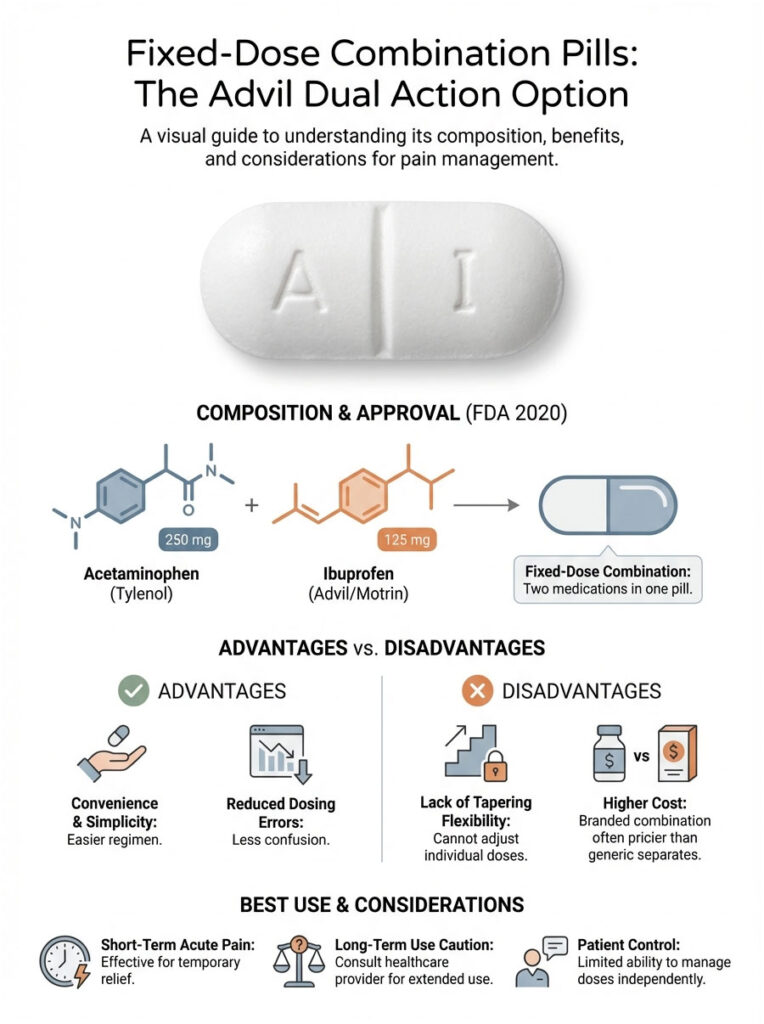 Infographic showing Advil Dual Action composition, benefits, and considerations for pain management.
