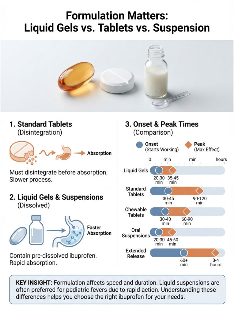 Infographic comparing liquid gels, tablets, and suspensions for ibuprofen absorption and onset times.