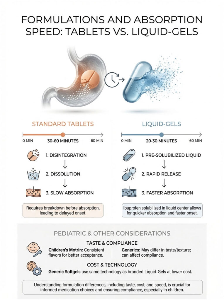 Infographic comparing absorption speed of standard tablets and liquid-gels with illustrations and data points.
