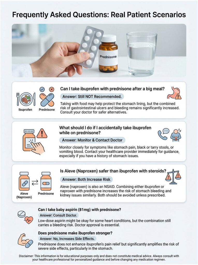 A hand holds ibuprofen with a prednisone bottle and a glass of water, detailing medication interactions in an infographic.
