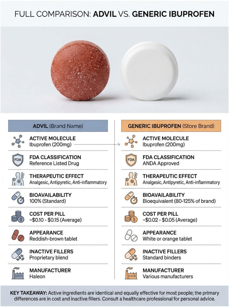 Comparison of Advil and Generic Ibuprofen with details on active ingredients, cost, and appearance.