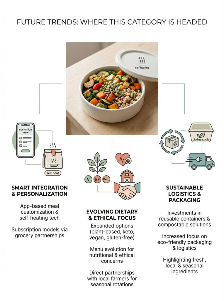 Infographic showing future food trends with self-heating meals, dietary focus, and sustainable packaging solutions.