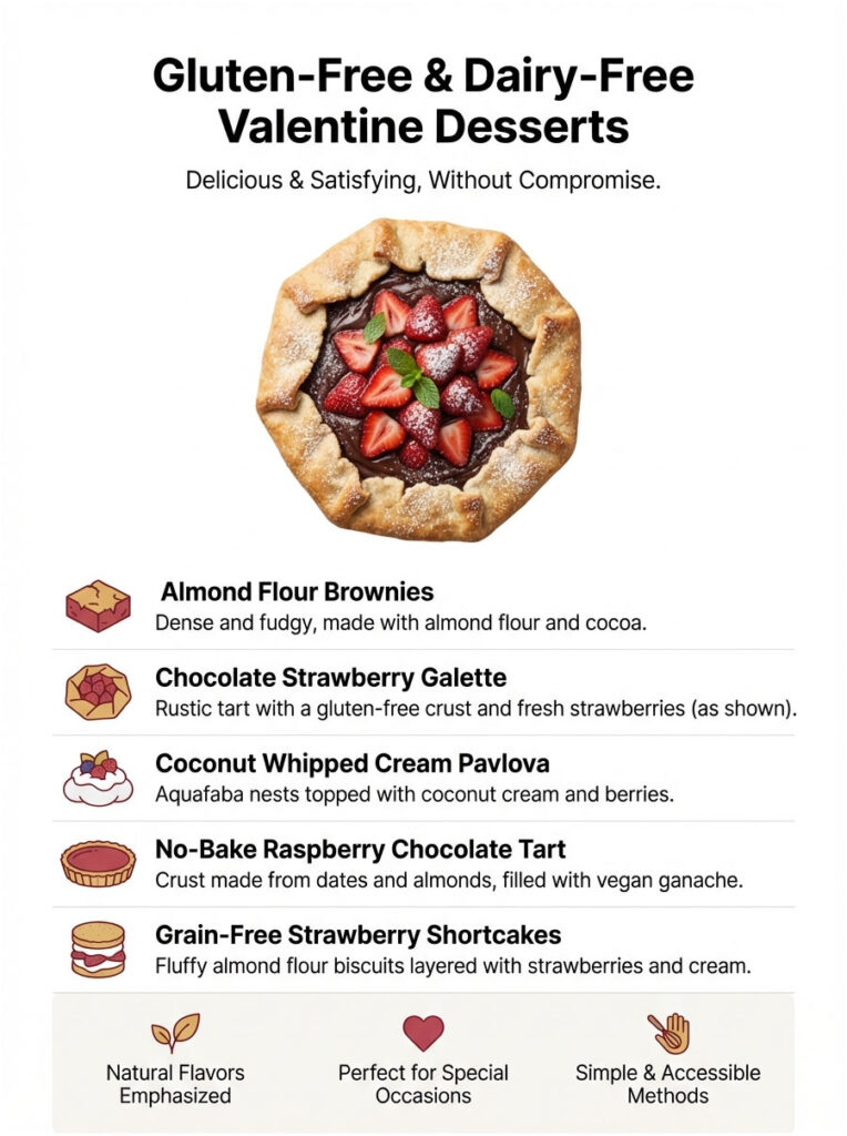 Infographic showcasing gluten-free and dairy-free Valentine desserts with images and descriptions of each dish.
