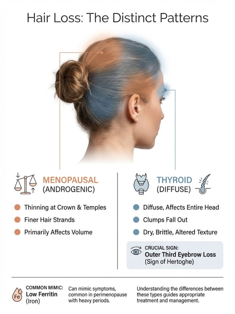 Infographic showing hair loss patterns: Menopausal and Thyroid types with symptoms and signs illustrated.