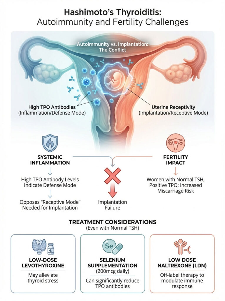 Infographic showing Hashimoto's thyroiditis, autoimmunity, fertility challenges, and treatment considerations with illustrations and text.