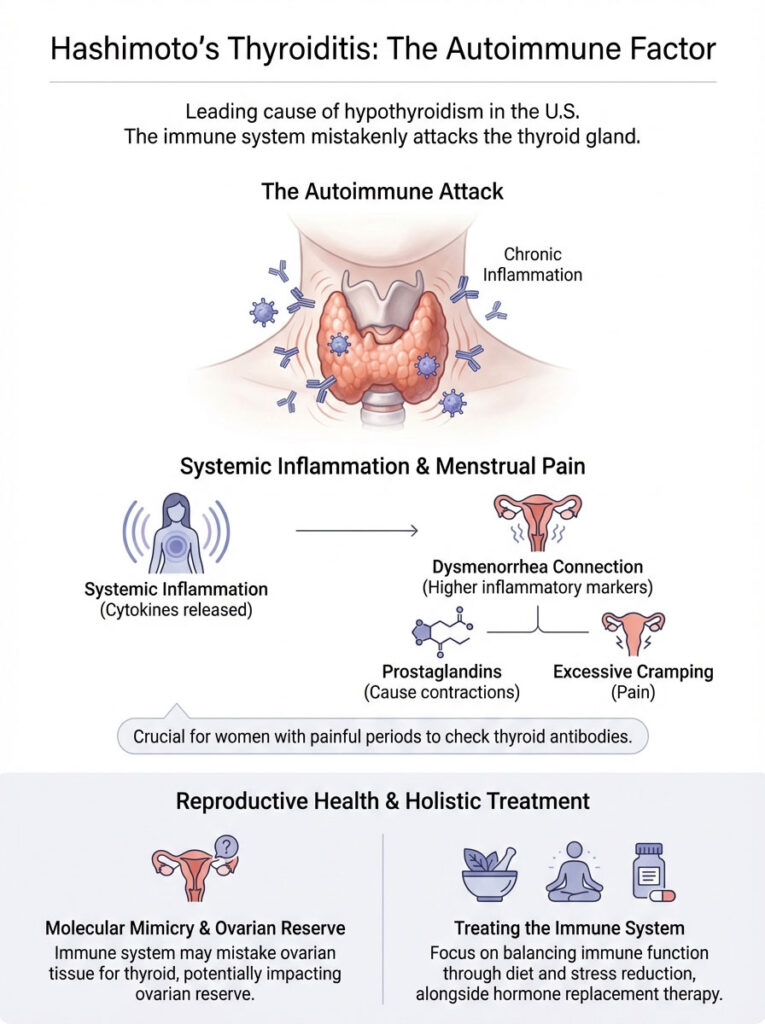 Infographic on Hashimoto's Thyroiditis, showing autoimmune attack, inflammation, and treatment options.