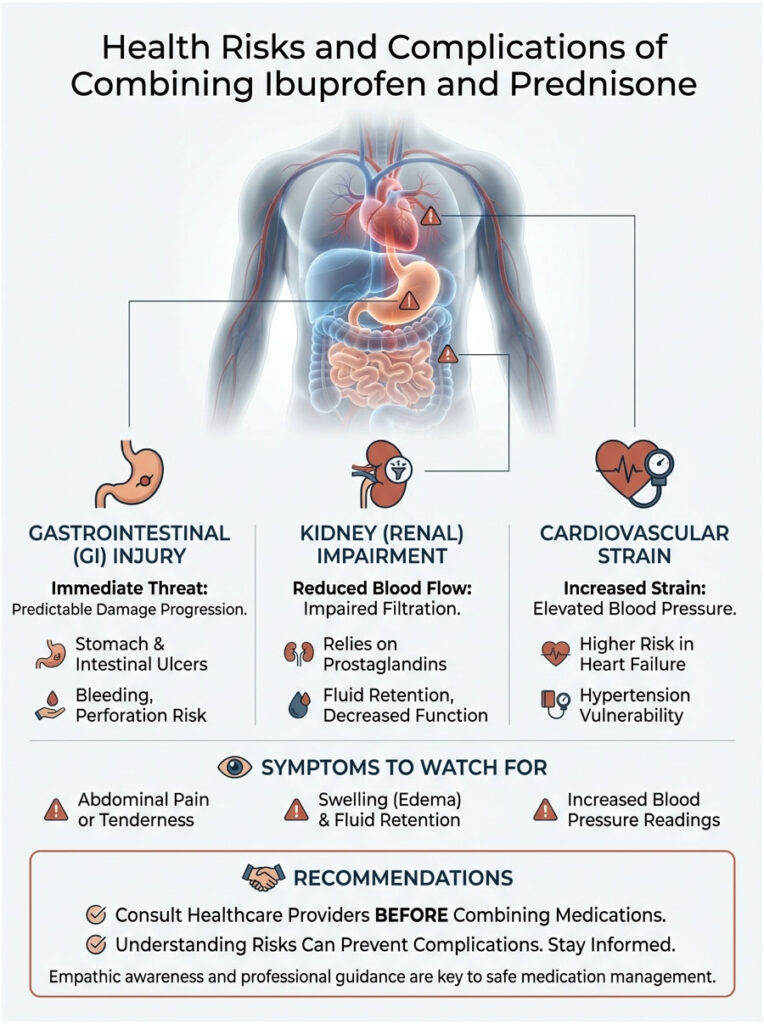 Infographic showing health risks of combining ibuprofen and prednisone, including GI injury, kidney impairment, and cardiovascular strain.