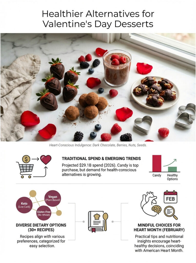 Infographic showing healthier Valentine's Day dessert options with chocolate, berries, and dietary trends.