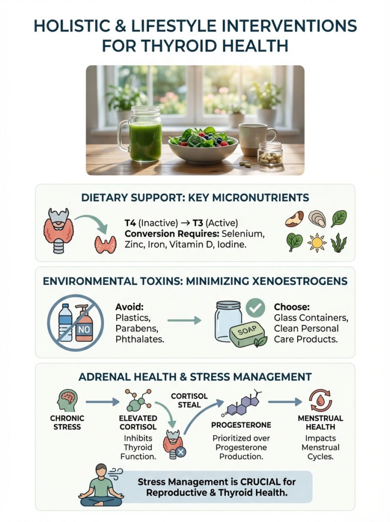 Infographic on holistic interventions for thyroid health, featuring dietary support, environmental toxins, and stress management tips.