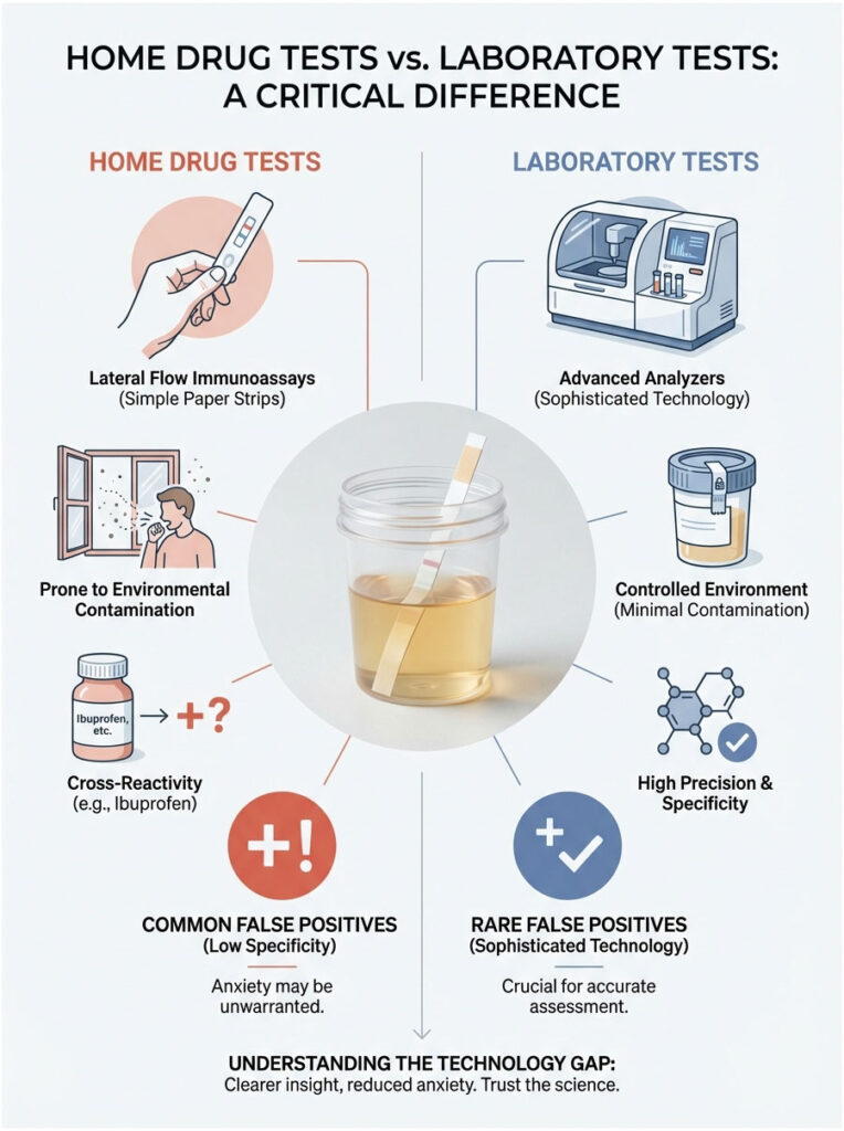 Infographic comparing home drug tests and laboratory tests, showing key differences and data points.