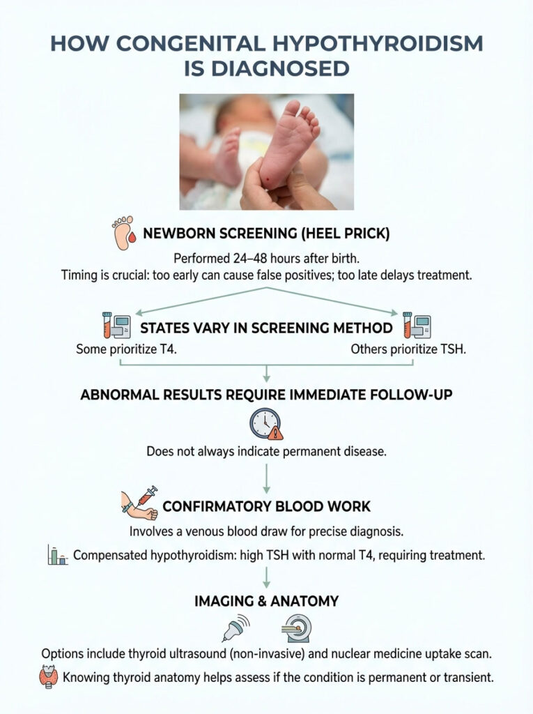 Infographic explaining congenital hypothyroidism diagnosis steps, including newborn screening and blood work.