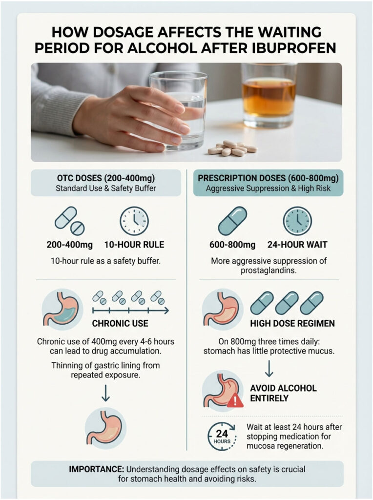 Infographic showing how ibuprofen dosage affects waiting period for alcohol, with charts and safety guidelines.