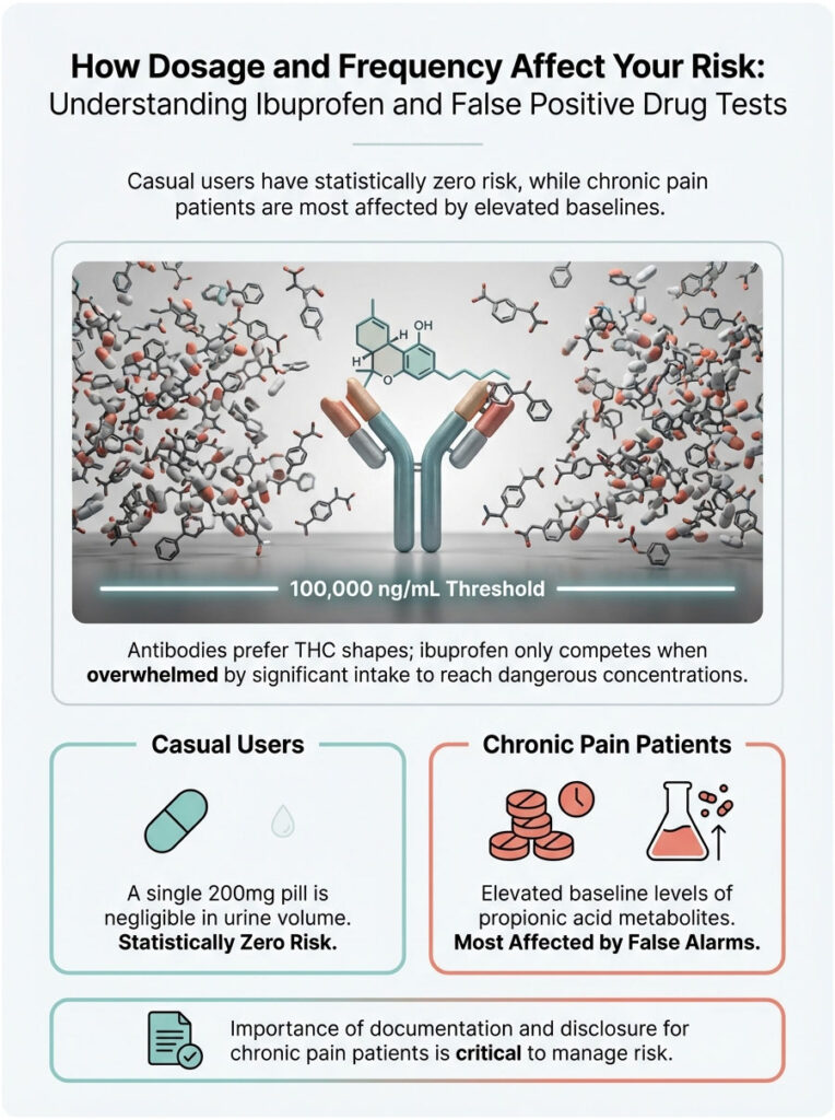 Infographic showing ibuprofen's effect on false positive drug tests with charts and data on casual users and chronic pain patients.