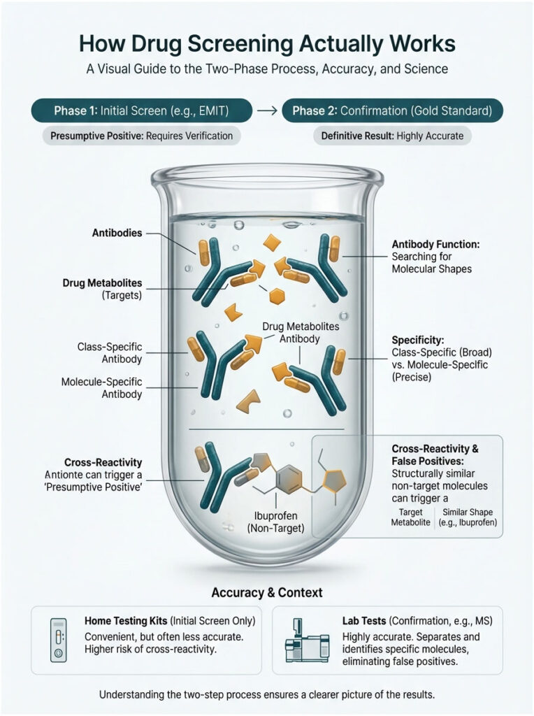 Infographic illustrating drug screening phases, showing antibodies, drug metabolites, and testing methods in a beaker.