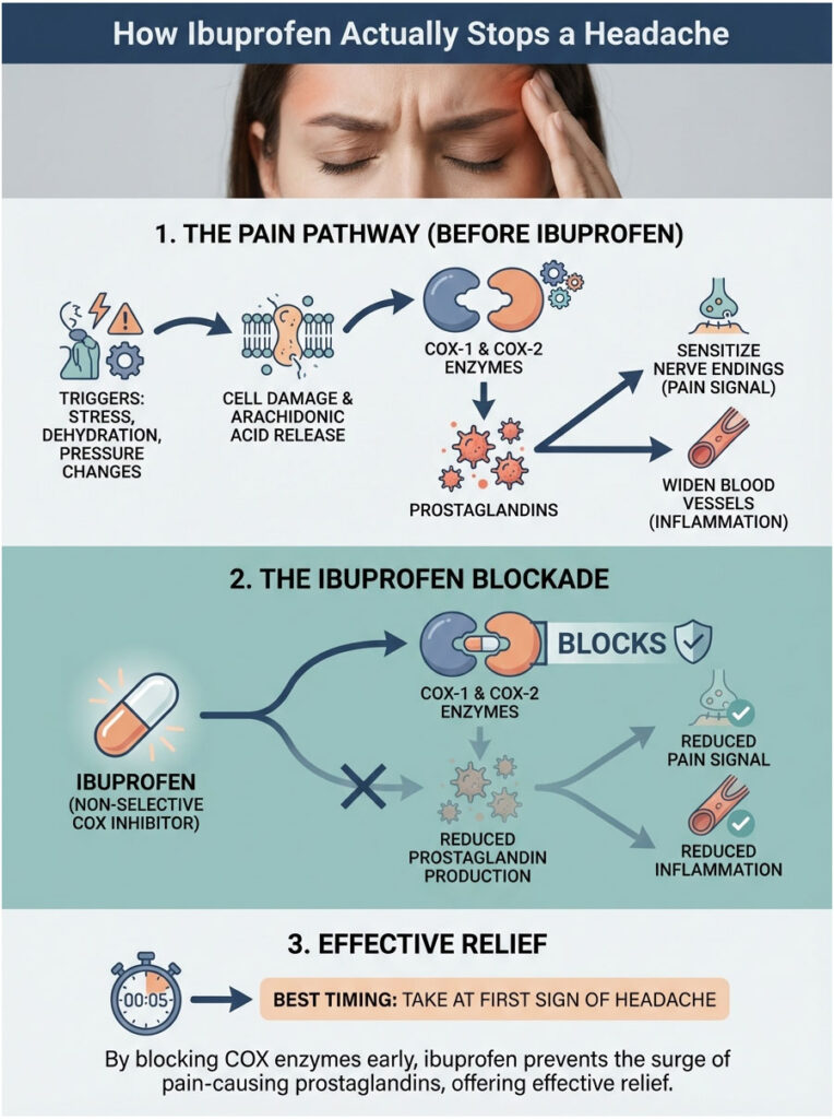 Infographic explaining how ibuprofen stops headaches, detailing pain pathways and COX enzyme blockage.