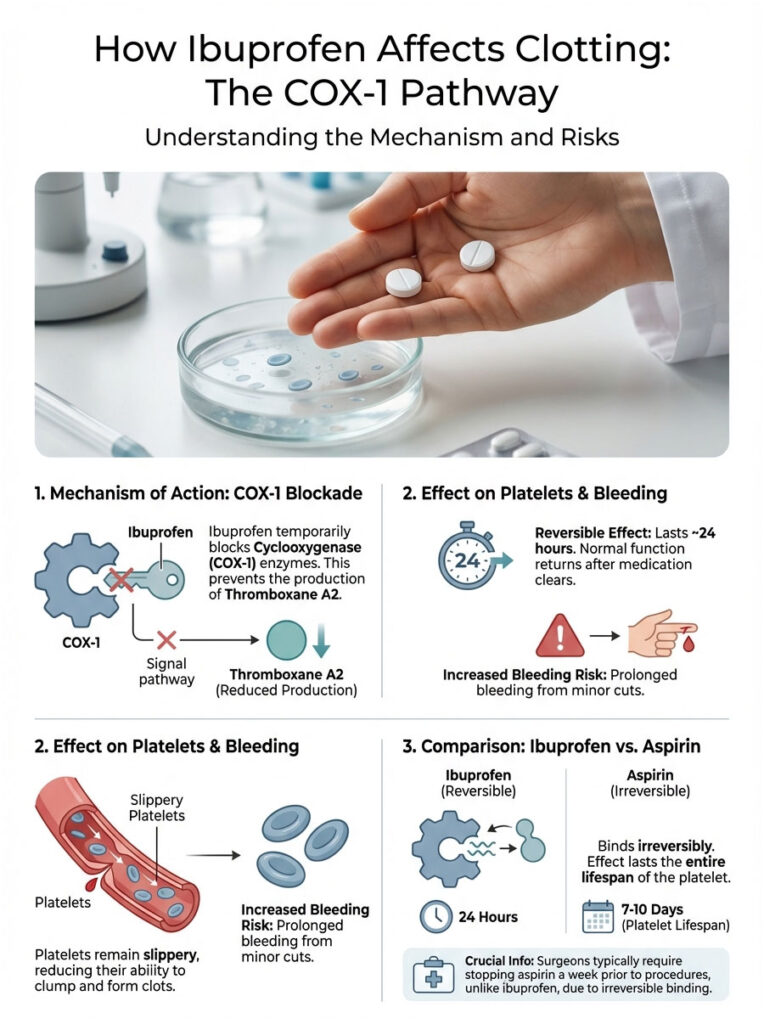 Infographic explaining how ibuprofen affects clotting, featuring diagrams of COX-1 pathway and platelet effects.