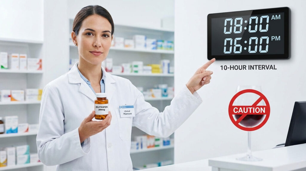 A pharmacist holds an ibuprofen bottle and points to a digital clock displaying 8:00 AM and 6:00 PM.