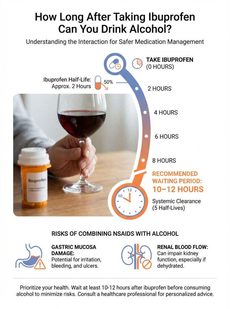 Infographic showing ibuprofen half-life, alcohol consumption timing, and risks of combining NSAIDs with alcohol.