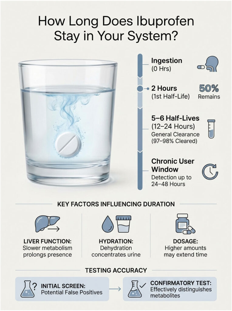 Infographic showing ibuprofen duration in the system with charts and key factors influencing clearance.