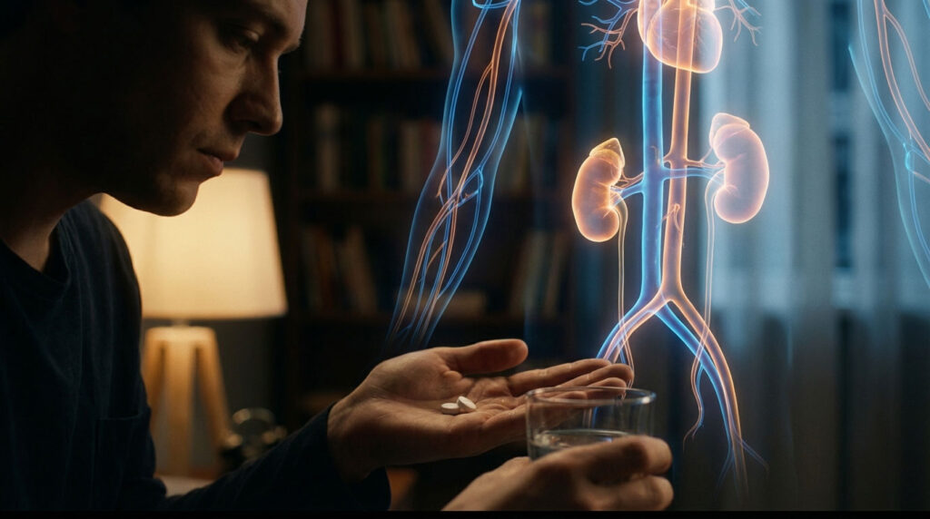 A man holds pills and a glass of water, with a glowing anatomical illustration of kidneys and veins above his hand.