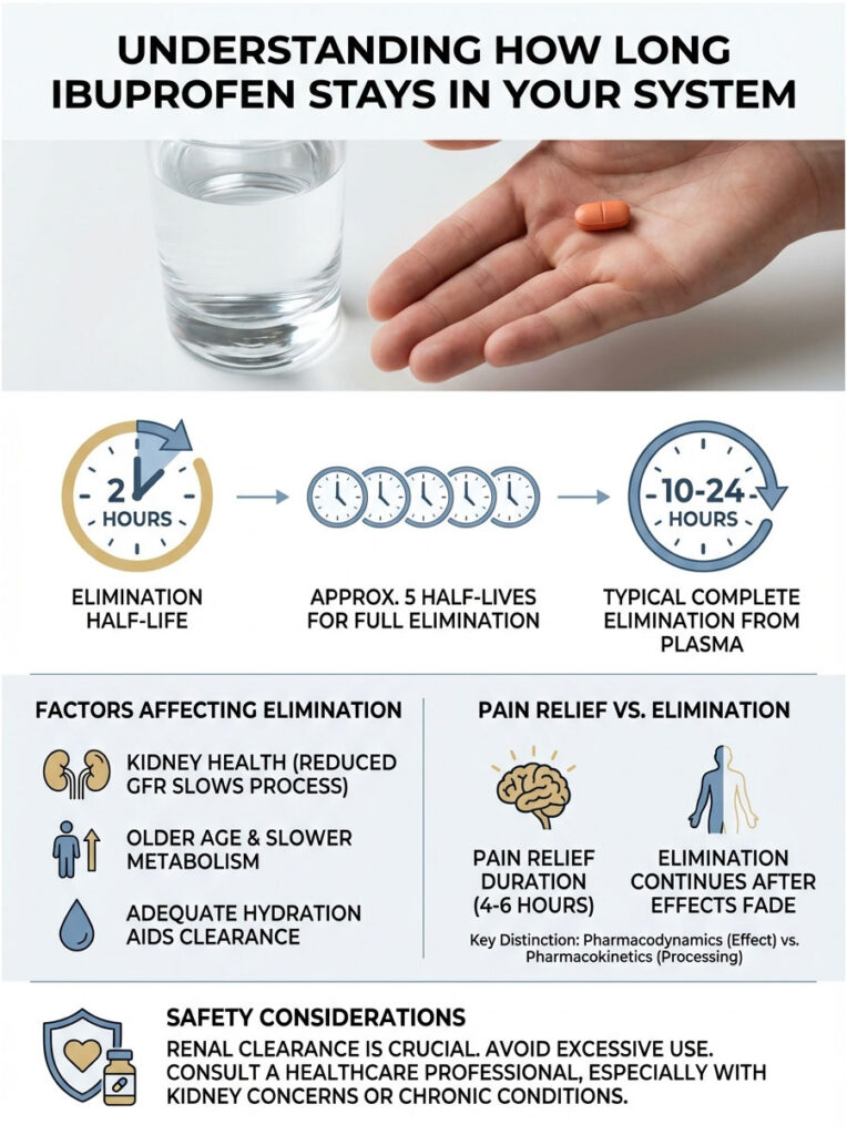 Infographic explaining ibuprofen's elimination half-life, factors affecting it, and safety considerations.