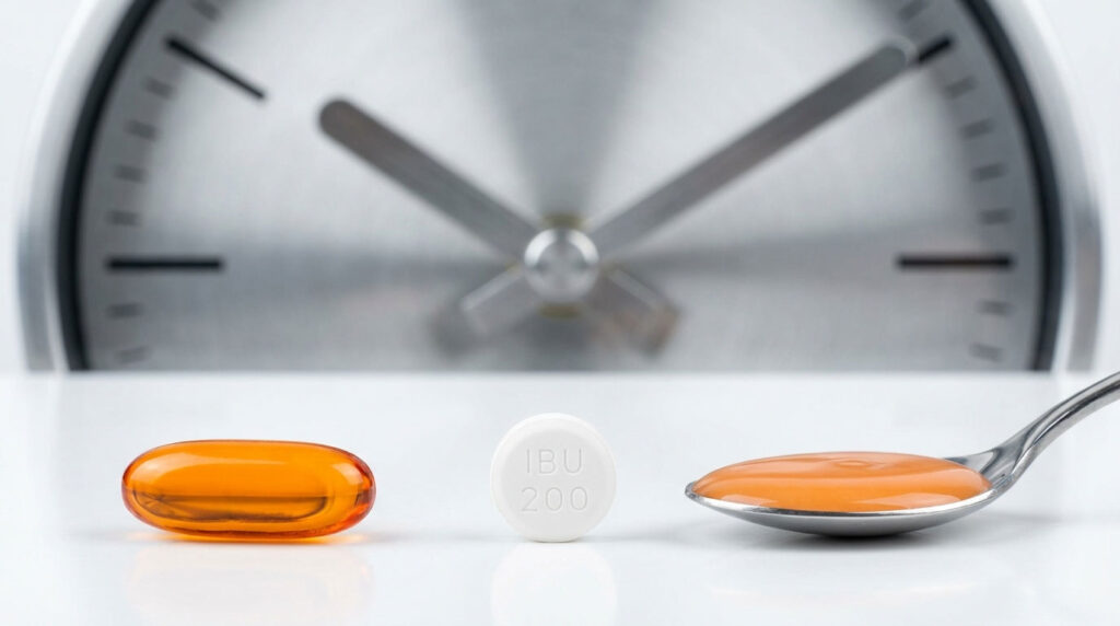 A spoon holds orange liquid medicine next to an orange capsule and a white IBU 200 tablet, with a clock in the background.