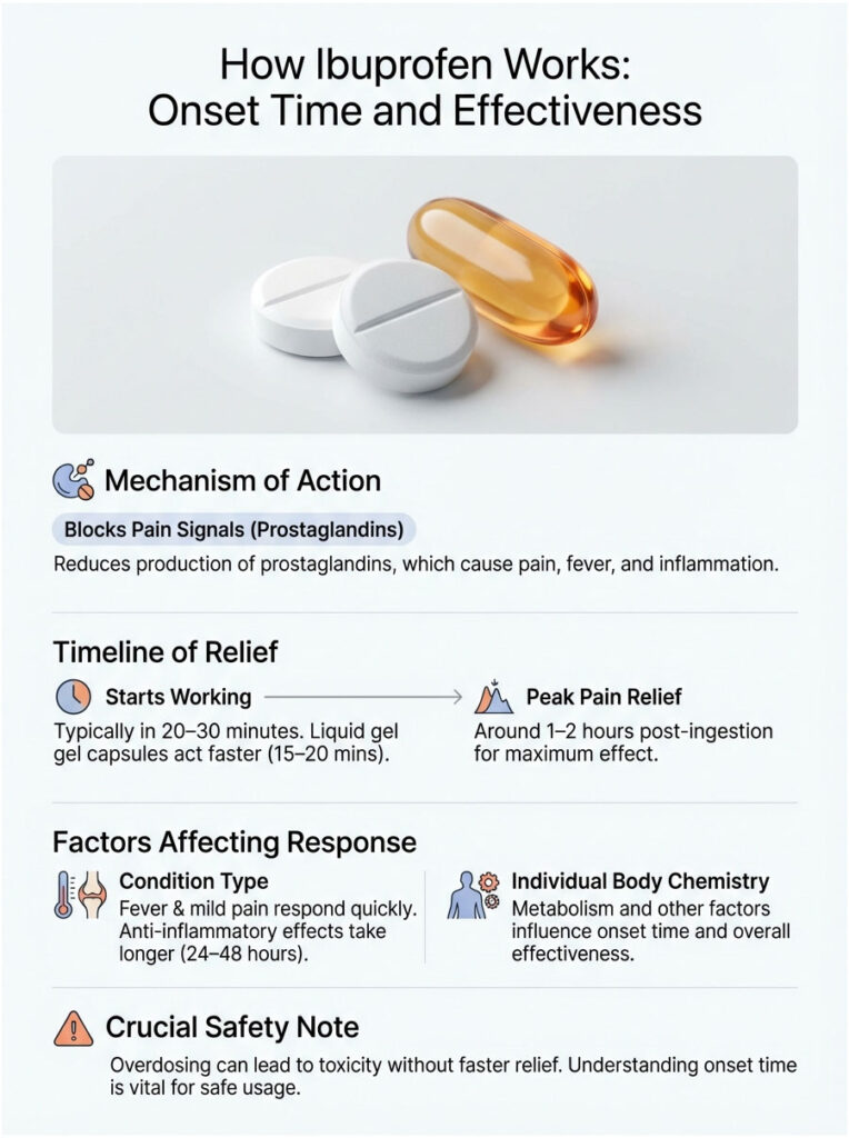 Infographic explaining ibuprofen's onset time, effectiveness, and safety notes with pills and icons.