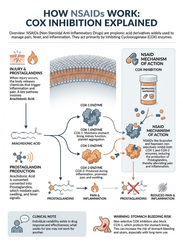 Infographic explaining how NSAIDs work, detailing COX inhibition, arachidonic acid, and pain reduction mechanisms.