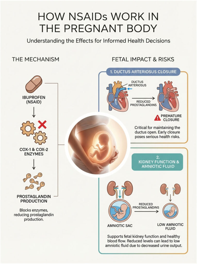 Infographic explaining how NSAIDs like ibuprofen affect the pregnant body, detailing fetal impacts and risks.