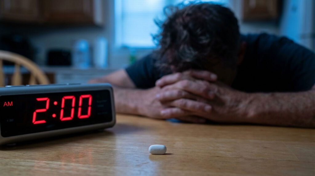 A person with hands on their head sits at a table with a clock showing 2:00 AM and a pill in front of them.
