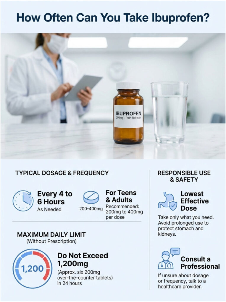 Infographic showing ibuprofen dosage guidelines, including frequency, maximum limit, and safety tips.