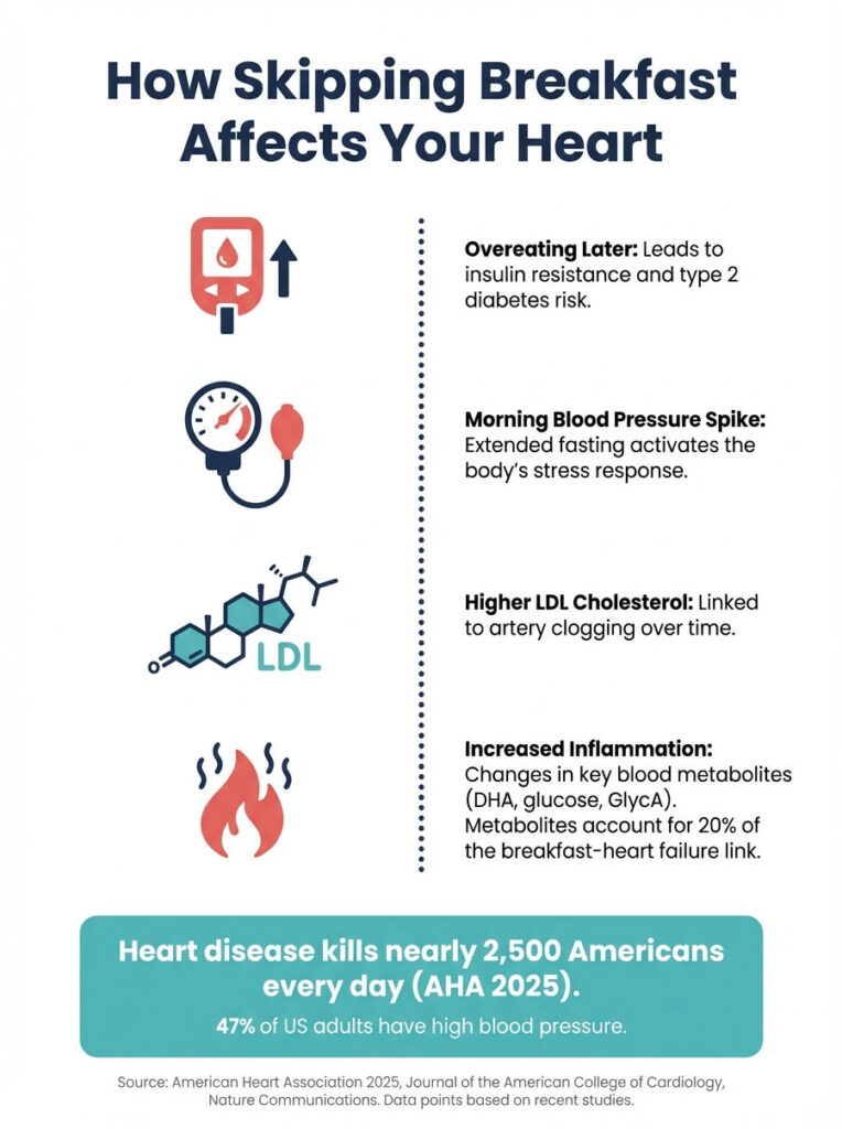 Infographic showing how skipping breakfast affects heart health with icons and data points on blood pressure and cholesterol.