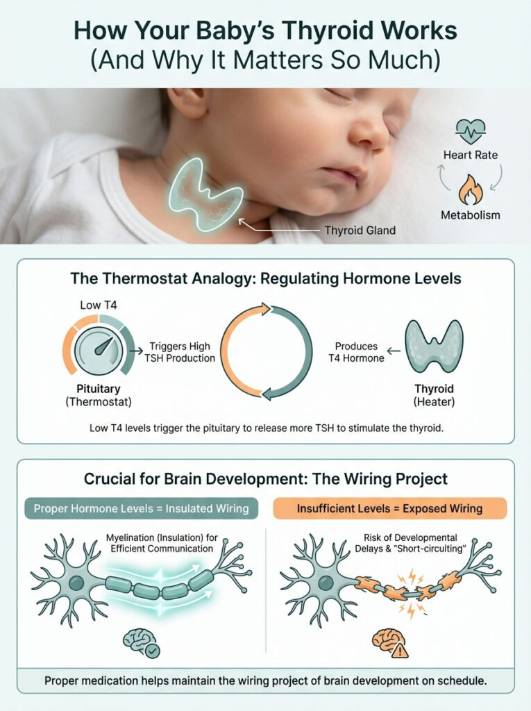 Infographic explaining baby's thyroid function, hormone regulation, and brain development with illustrations and text.