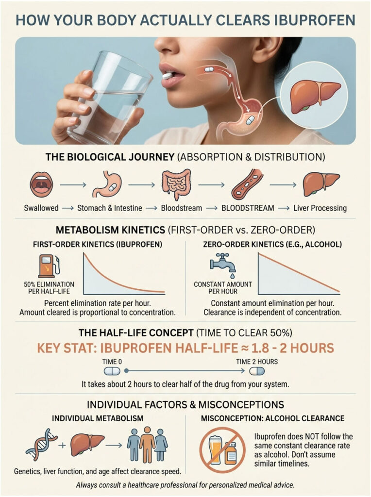 Infographic showing how ibuprofen is cleared from the body, detailing absorption, metabolism, and half-life.