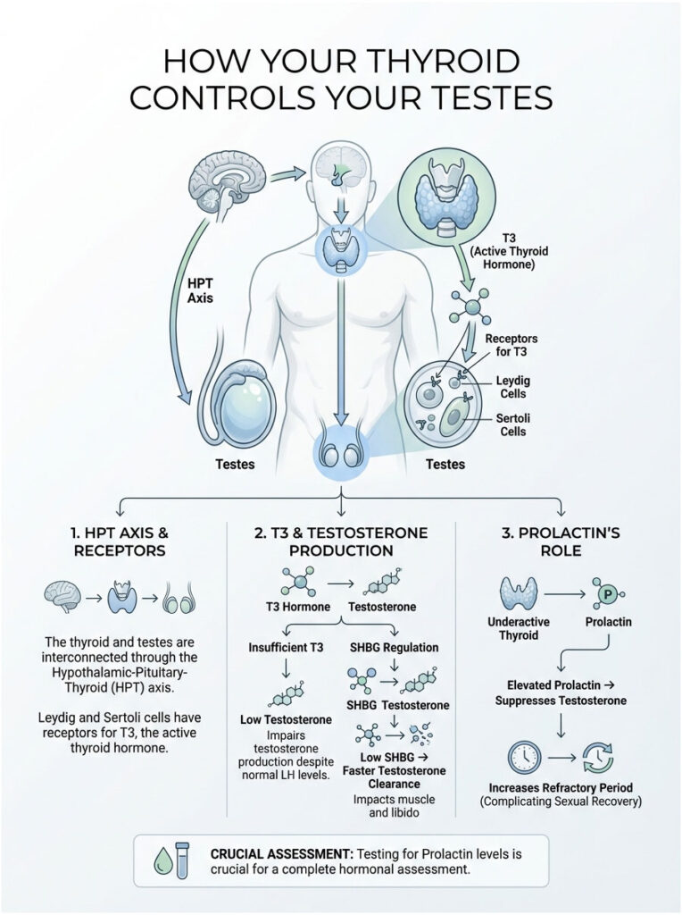 Infographic showing how thyroid controls testes, including HPT axis, T3 hormone, and prolactin's role.