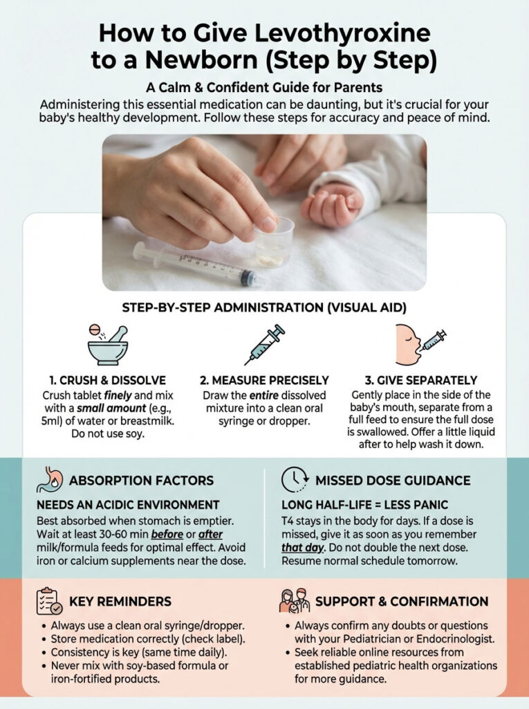 Infographic showing steps to give Levothyroxine to a newborn, including visuals for each step and key reminders.