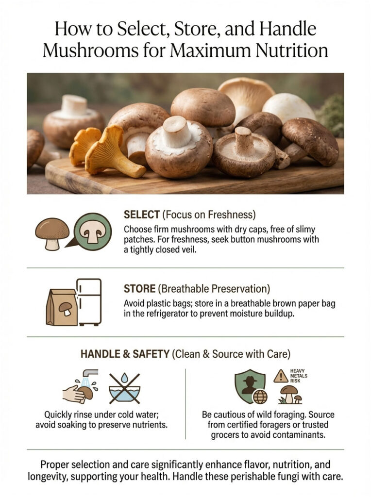 Infographic showing how to select, store, and handle mushrooms with tips and illustrations for maximum nutrition.