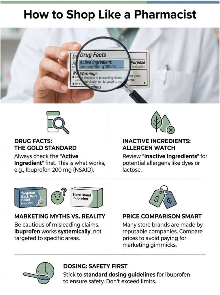 Infographic showing how to shop for medications like a pharmacist, highlighting drug facts and pricing tips.
