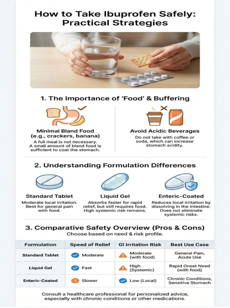 Infographic on taking ibuprofen safely, showing food importance, formulation differences, and safety overview.