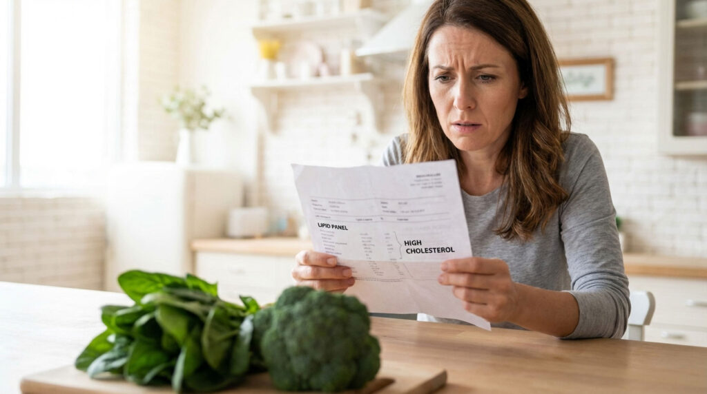 Woman looks worried while reading a medical report about high cholesterol in a bright kitchen with vegetables.