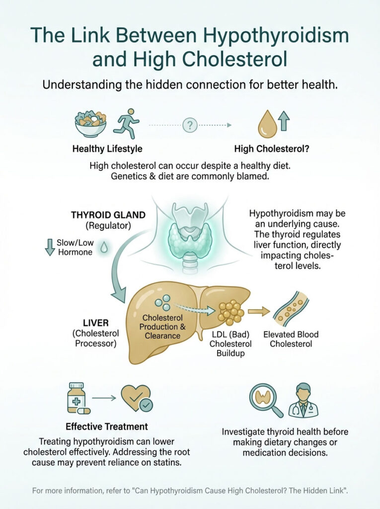 Infographic showing the link between hypothyroidism and high cholesterol with illustrations of the thyroid and liver.