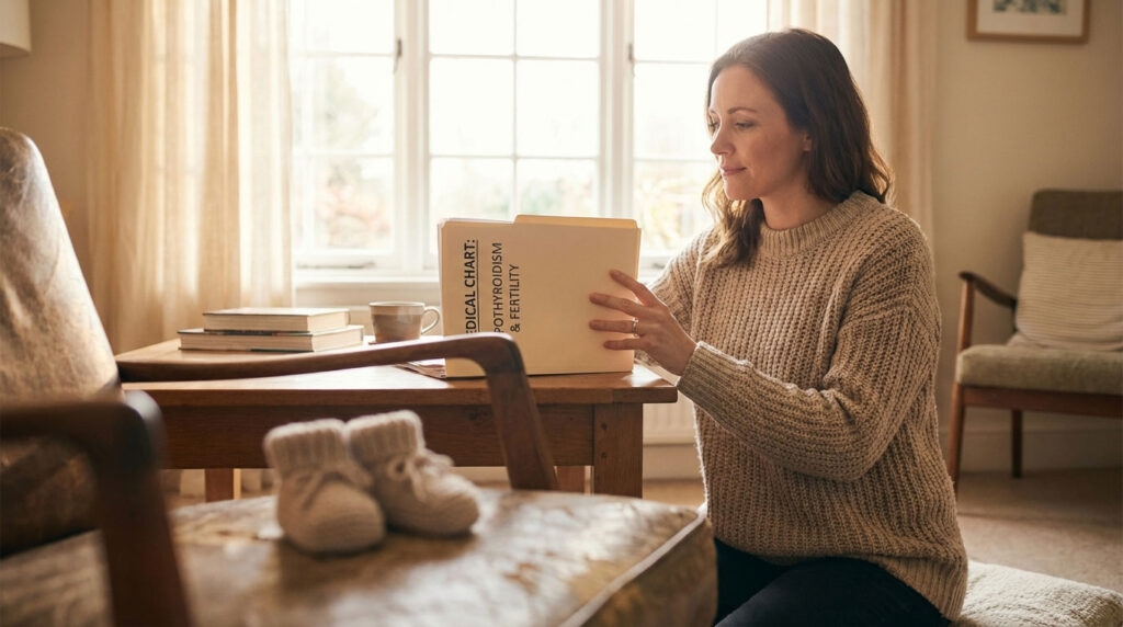 A woman reads a medical chart about thyroidism and fertility while sitting in a cozy room with soft lighting.