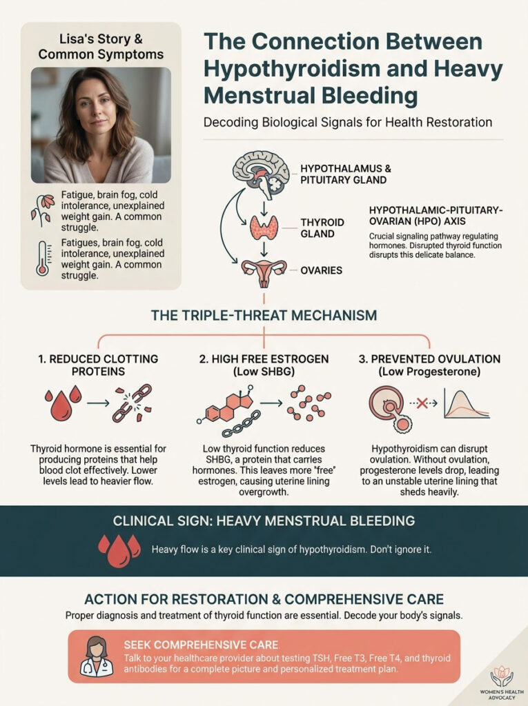 Infographic explaining hypothyroidism's link to heavy menstrual bleeding, featuring symptoms, mechanisms, and care actions.