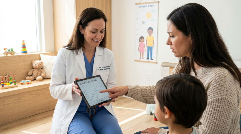 A pediatrician shows a mother and child a growth chart on a tablet in a bright clinic room.