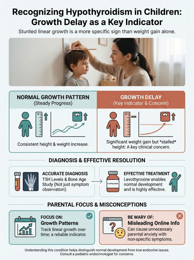 Infographic showing growth delay indicators in children, including charts and icons related to hypothyroidism.