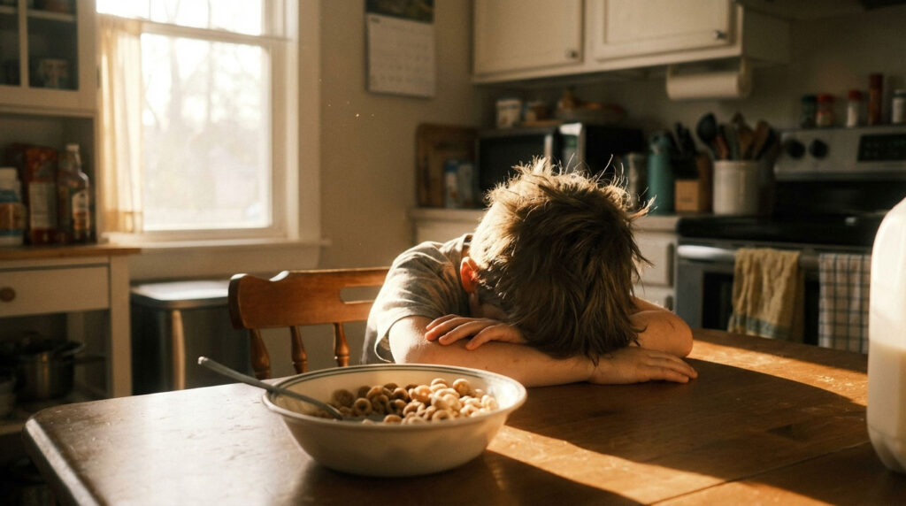 A child rests their head on a kitchen table beside a bowl of cereal in soft morning light.