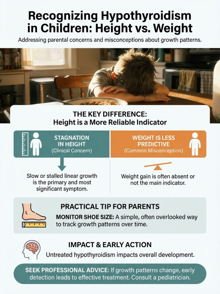 Infographic comparing height and weight in recognizing hypothyroidism in children, with key tips for parents.