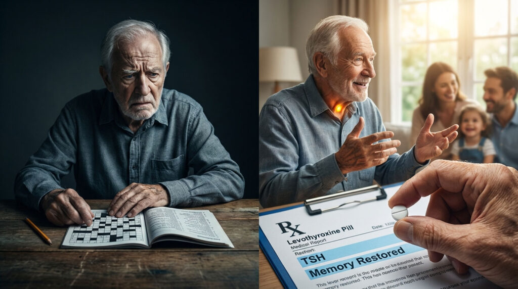 An elderly man solves a crossword puzzle, looking thoughtful, while another scene shows him smiling with family.